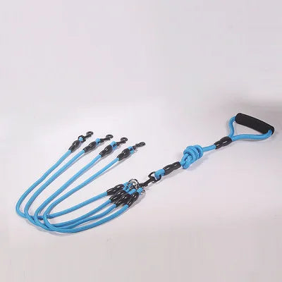 laisse corde 4 chiens bleu poignee mousse