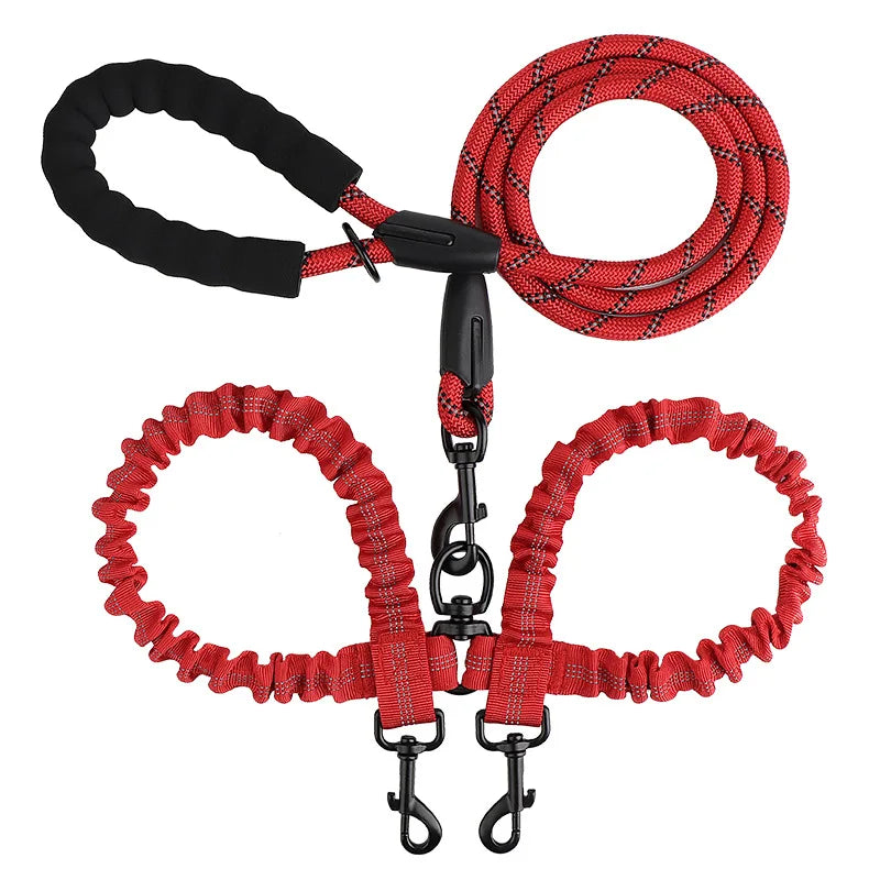 laisse double corde reflechissante elastique nylon poignee mousse rouge