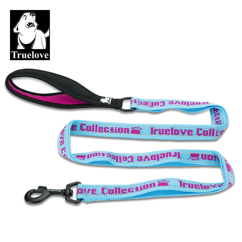 laisse nylon double poignee reflechissante bleu et rose