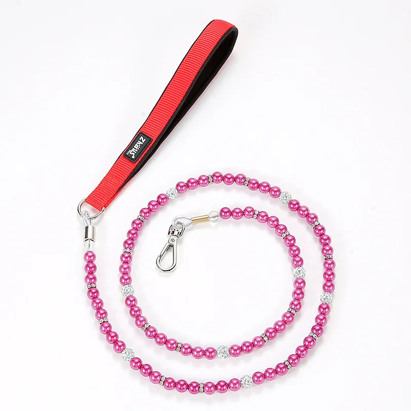 laisse perle file acier poignee nylon rouge