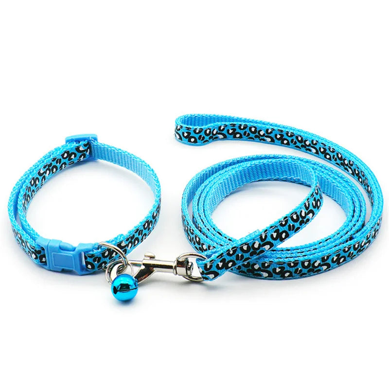Collier et laisse motif léopard bleu ciel