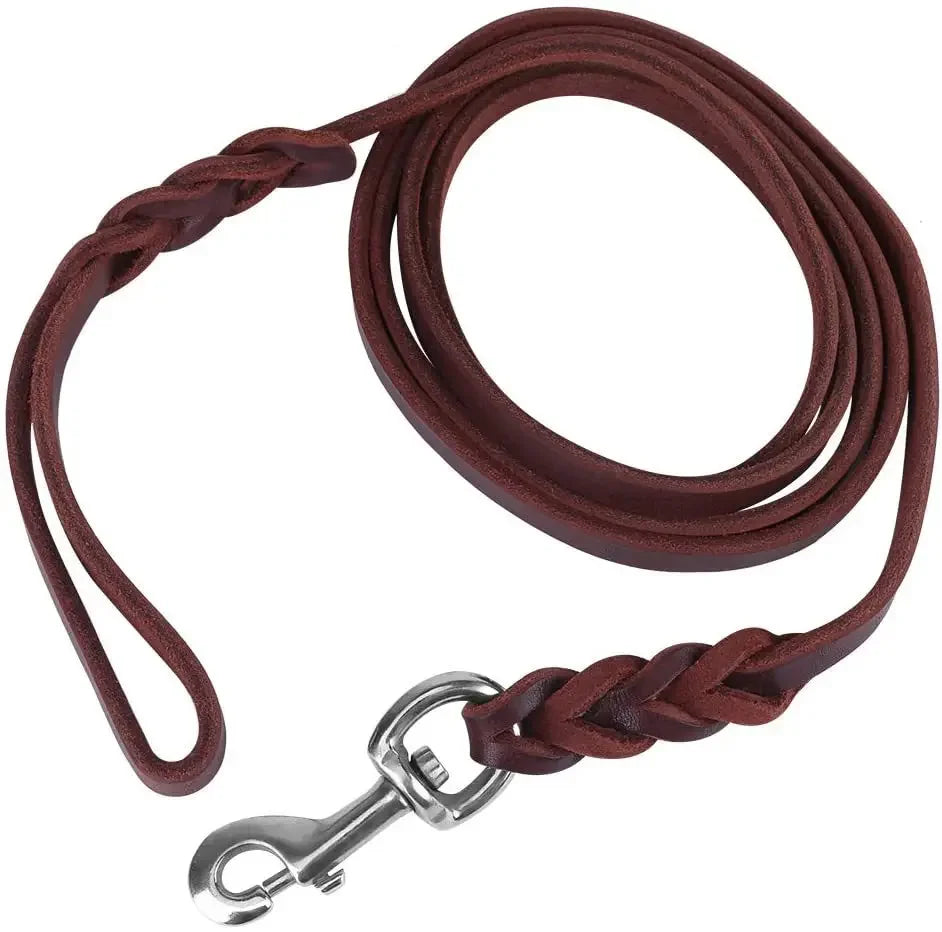 Laisse en cuir robuste pour grand chien marron et argent