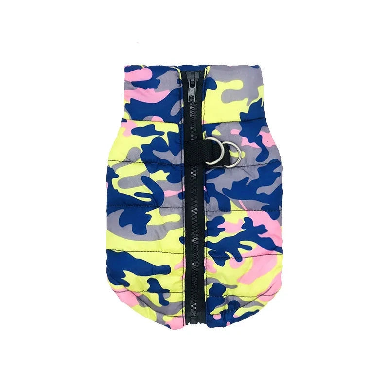 Manteau pour chiens hiver motifs camouflage bleu jaune et rose