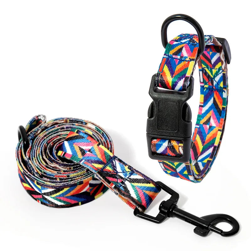 collier et laisse imprime multi couleur geometrique