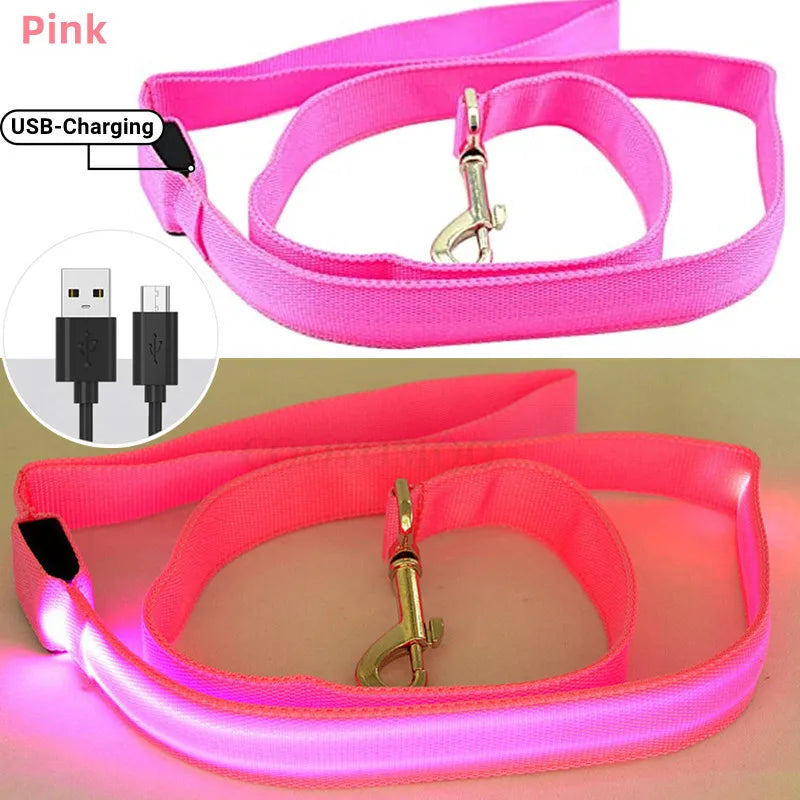 collier et laisse nylon lumineux USB rose