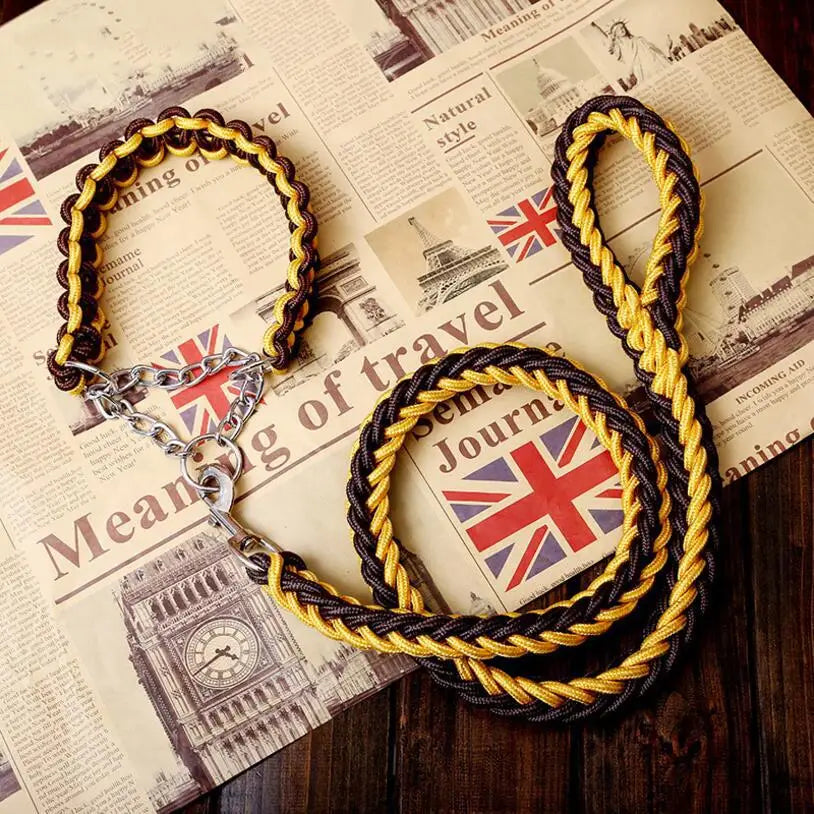 collier lasso et grosse laisse tressee jaune noir