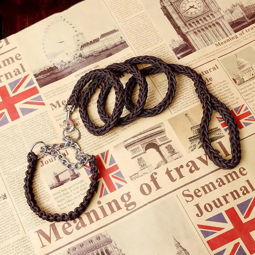 collier lasso et grosse laisse tressee marron