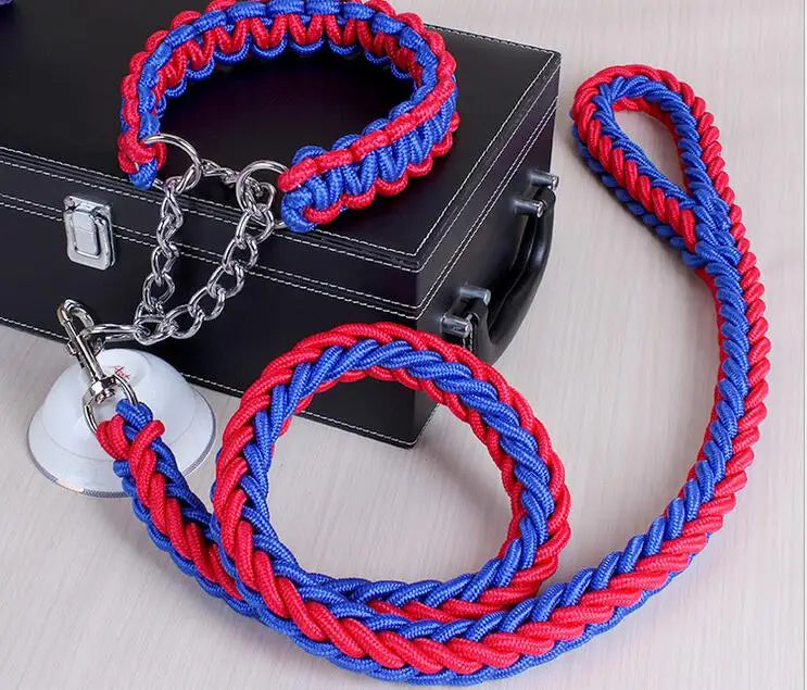 collier lasso et grosse laisse tressee rouge bleu