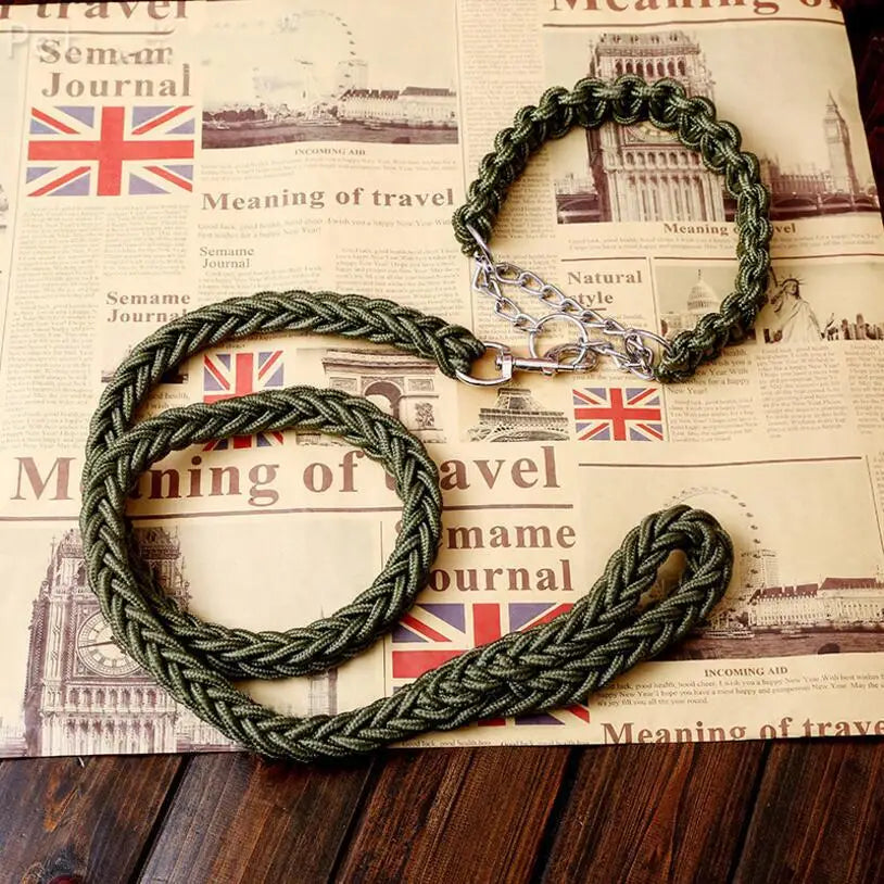 collier lasso et grosse laisse tressee vert kaki