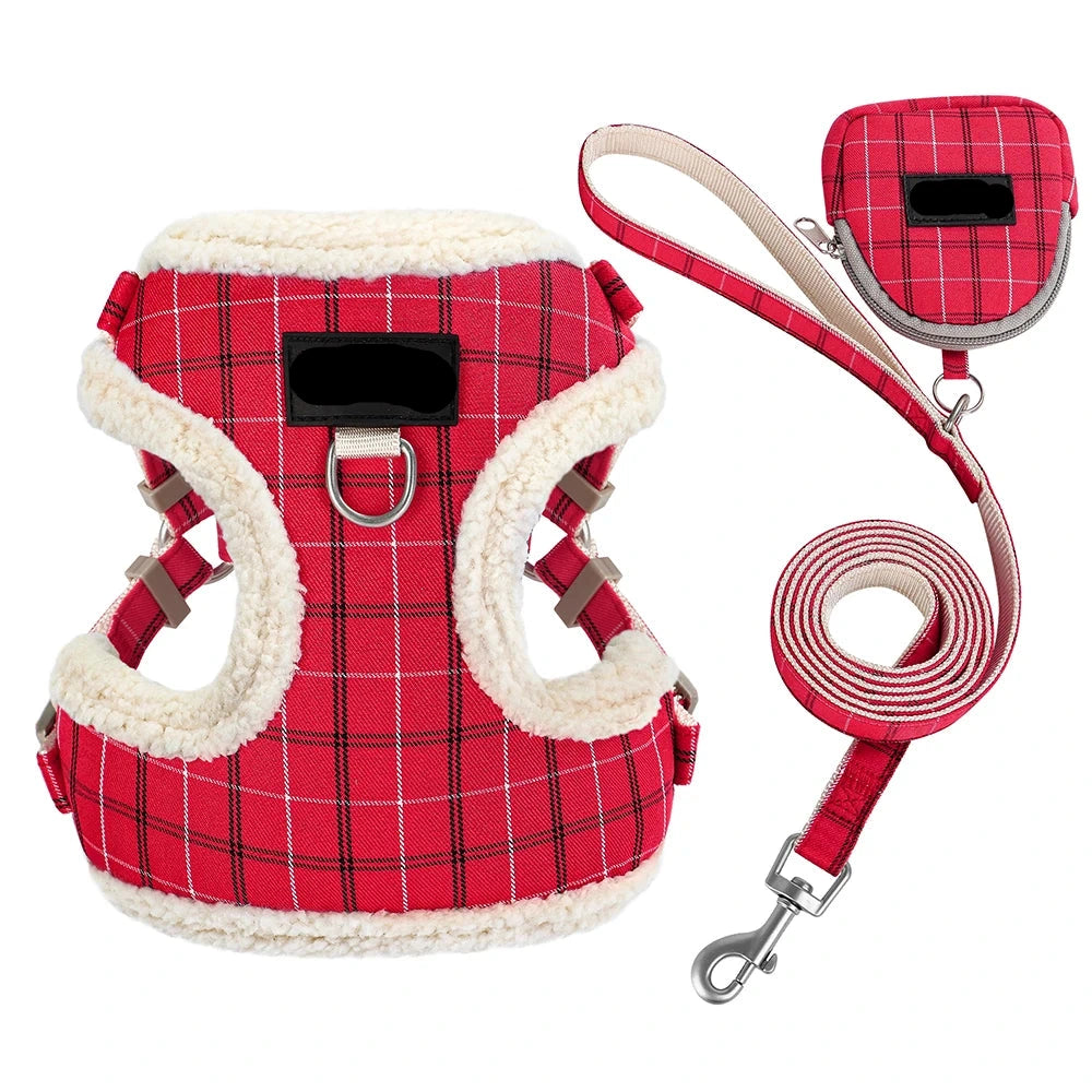 laisse avec sac et harnais fourrure rouge