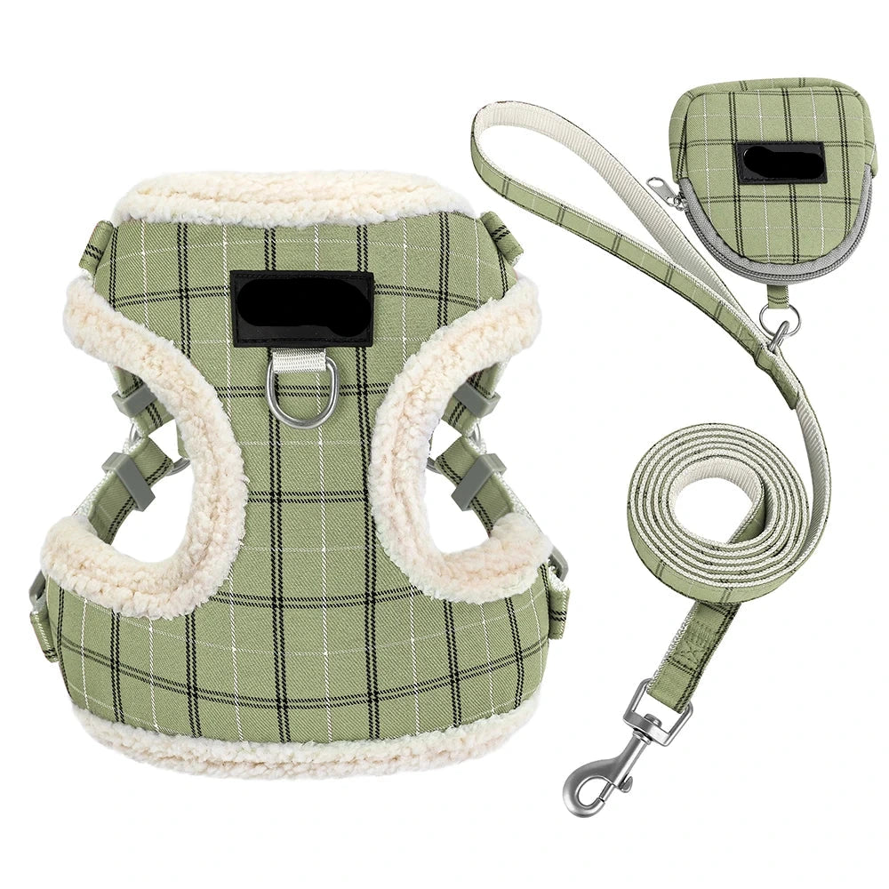 laisse avec sac et harnais fourrure vert