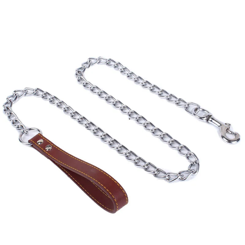 laisse chaine poignee cuir marron