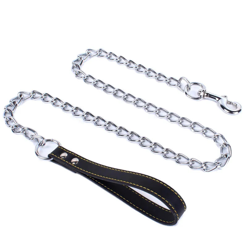 laisse chaine poignee cuir noir