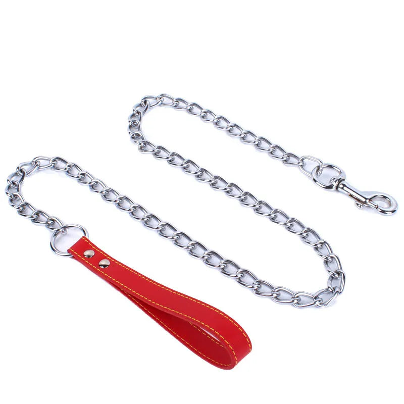 laisse chaine poignee cuir rouge