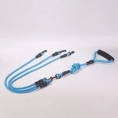 laisse corde 3 chiens bleu poignee mousse