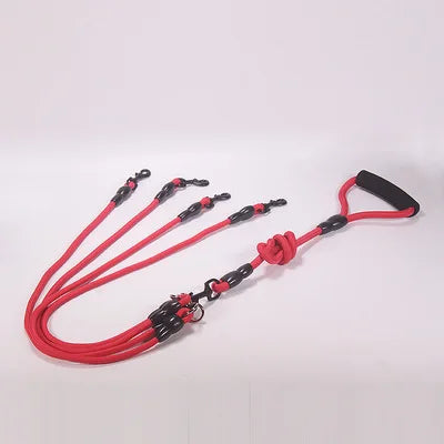 laisse corde 4 chiens rouge poignee mousse