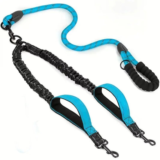 laisse corde double nylon elastique poignee mousse bleu