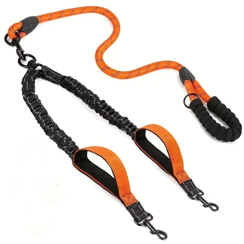 laisse corde double nylon elastique poignee mousse orange