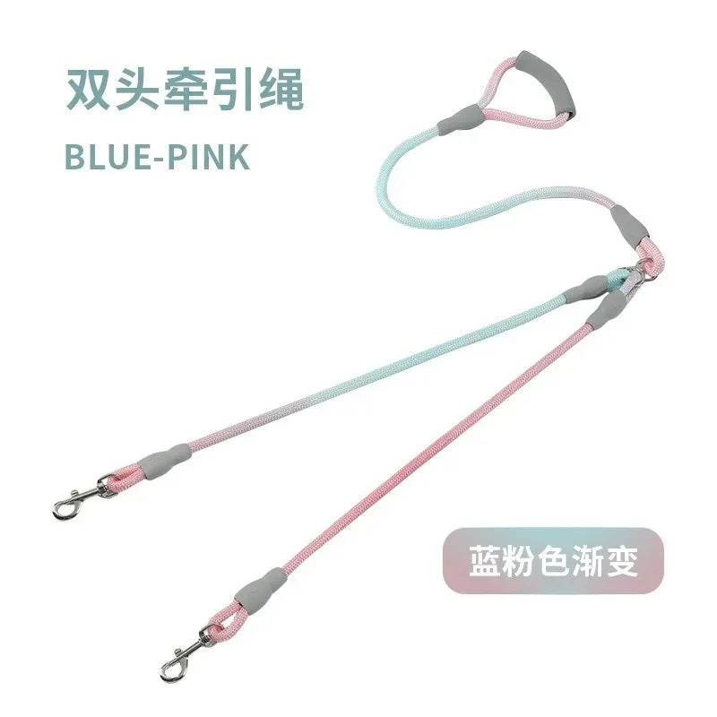laisse corde double poignée mousse pastel bleu et rose