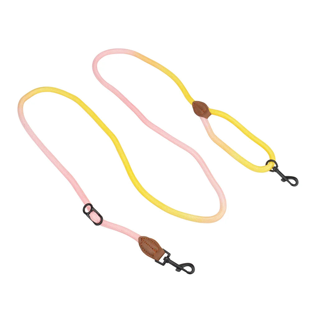 laisse corde mains libre nylon jaune et rose