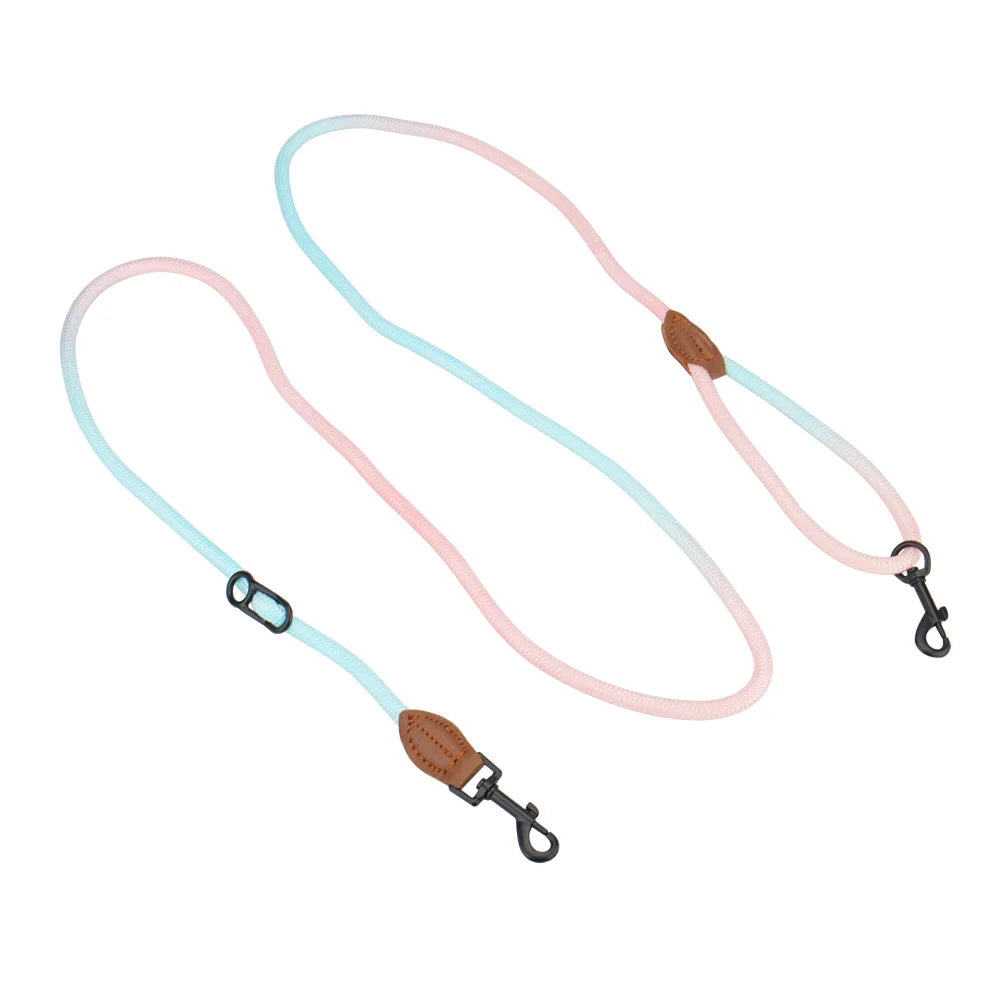 laisse corde mains libre nylon vert et rose