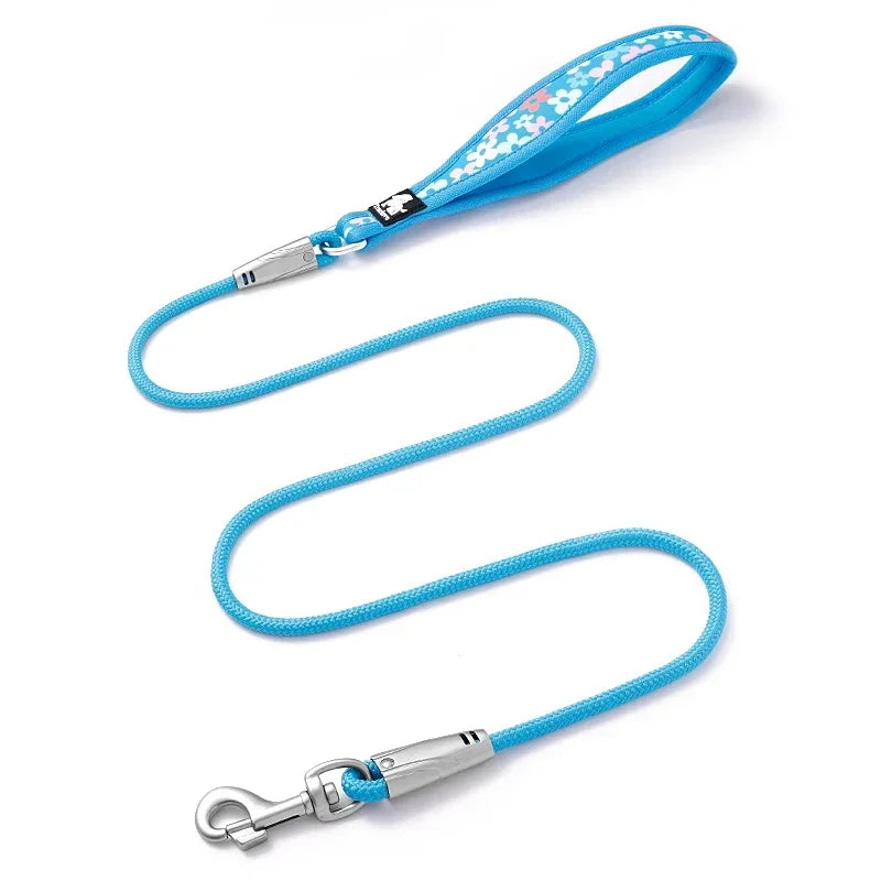 laisse corde nylon large poignée bleu fleurs