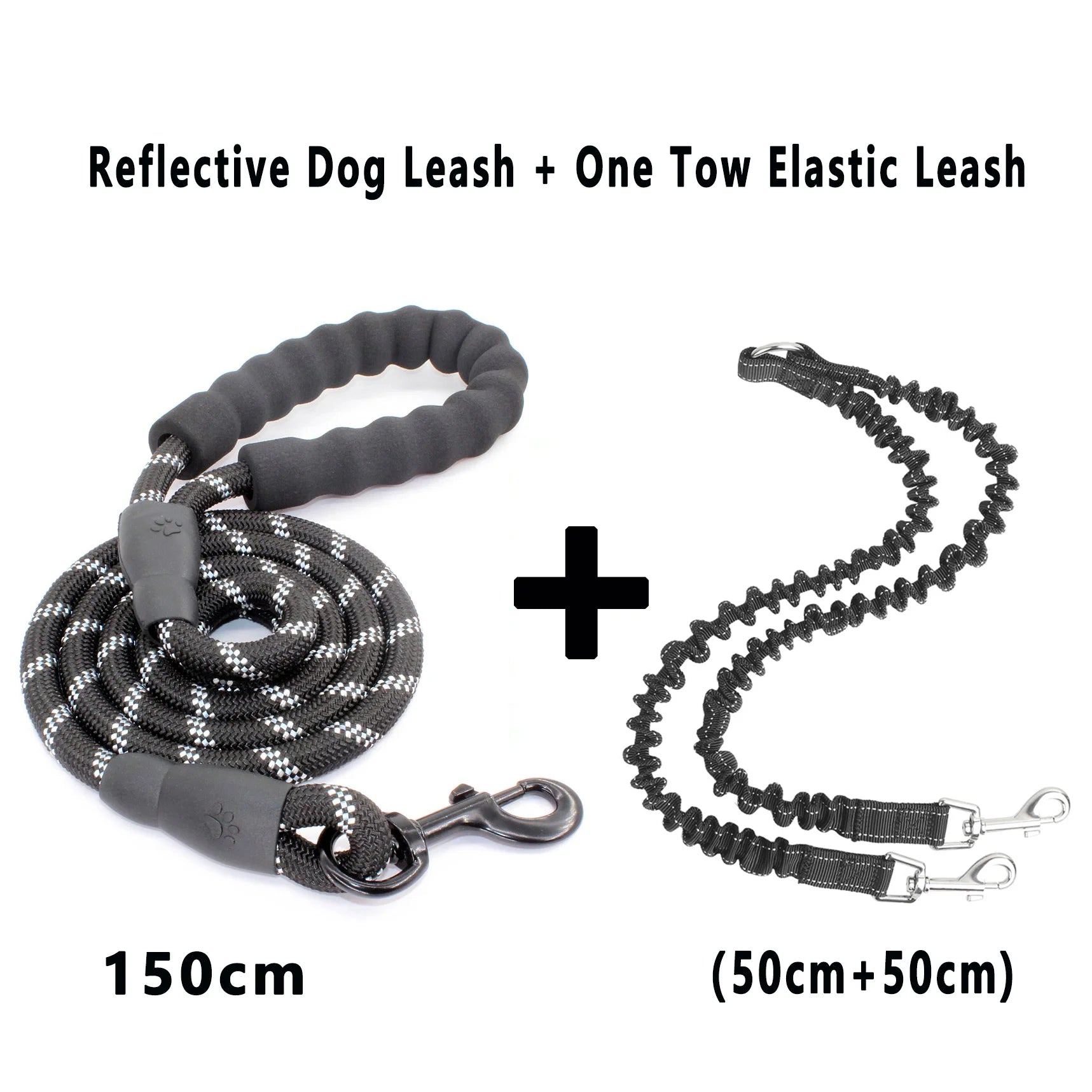 laisse corde reflechissante poignee mousse double elastique noir