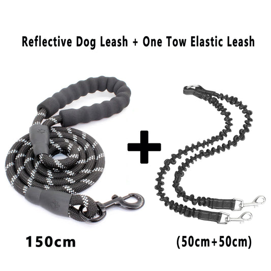 laisse corde reflechissante poignee mousse double elastique noir