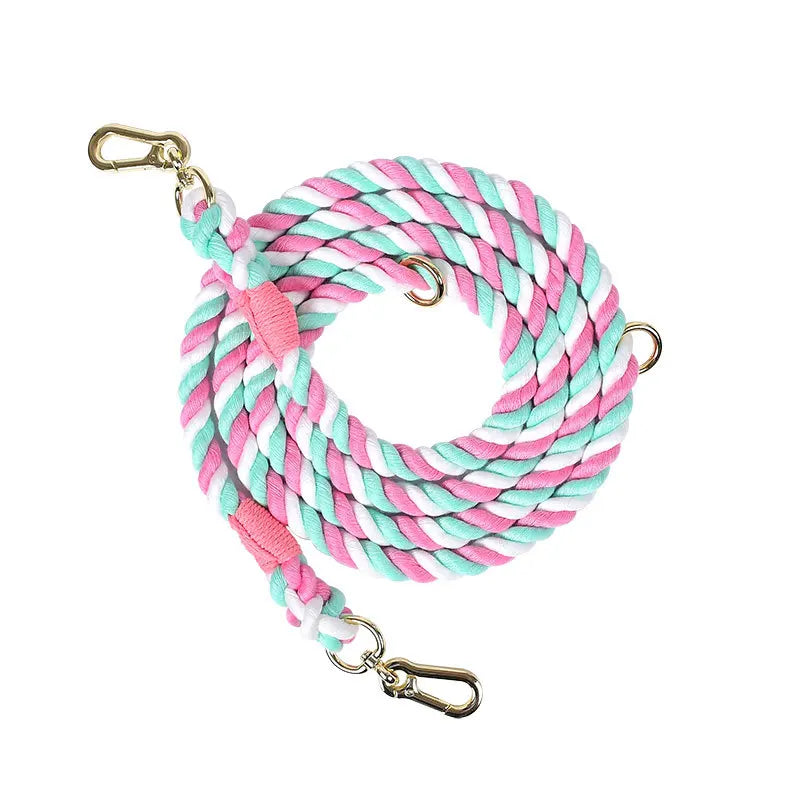 laisse corde tressee 2 attaches rose et vert