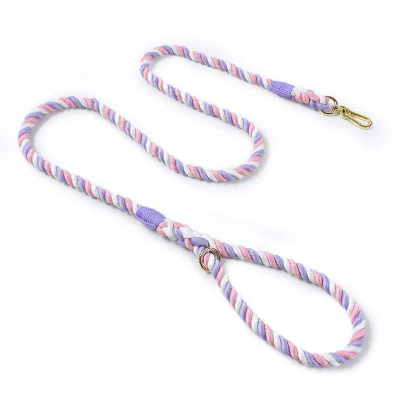 laisse corde tressee mousqueton violet et rose