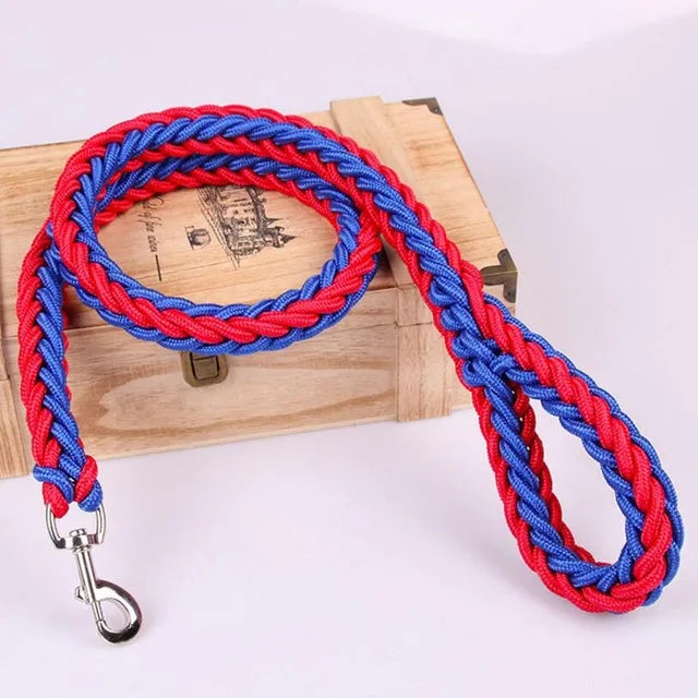 laisse corde tressee nylon rouge et bleu