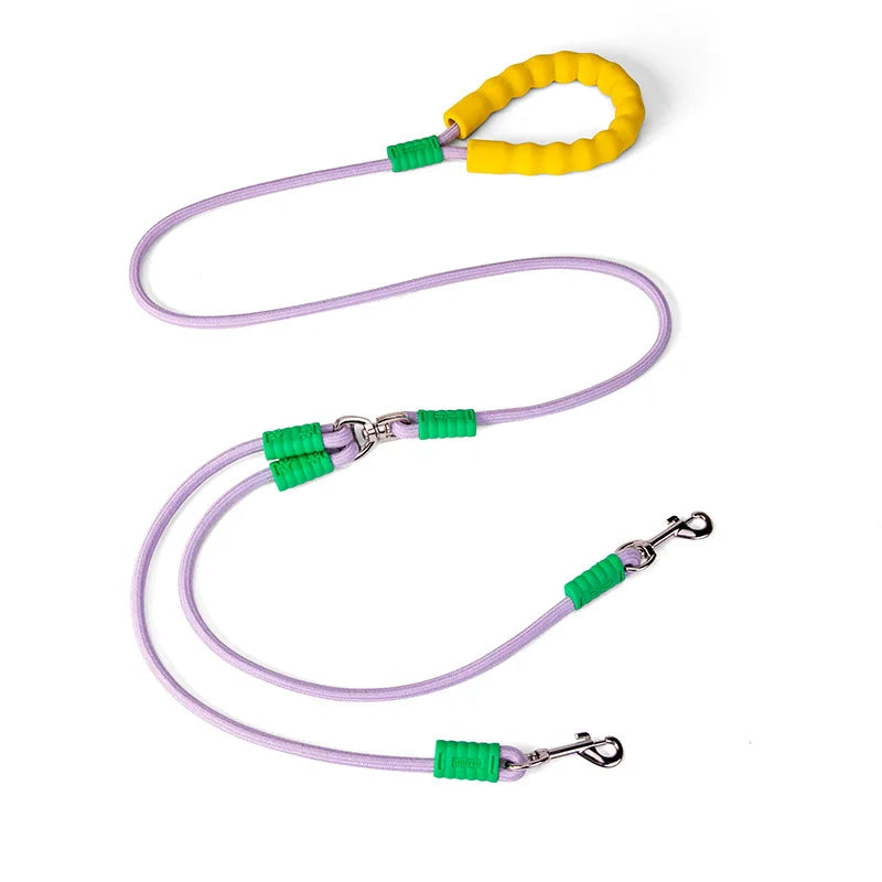 laisse double corde poignée mousse violet jaune