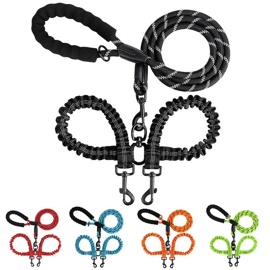 laisse double corde reflechissante elastique nylon poignee mousse