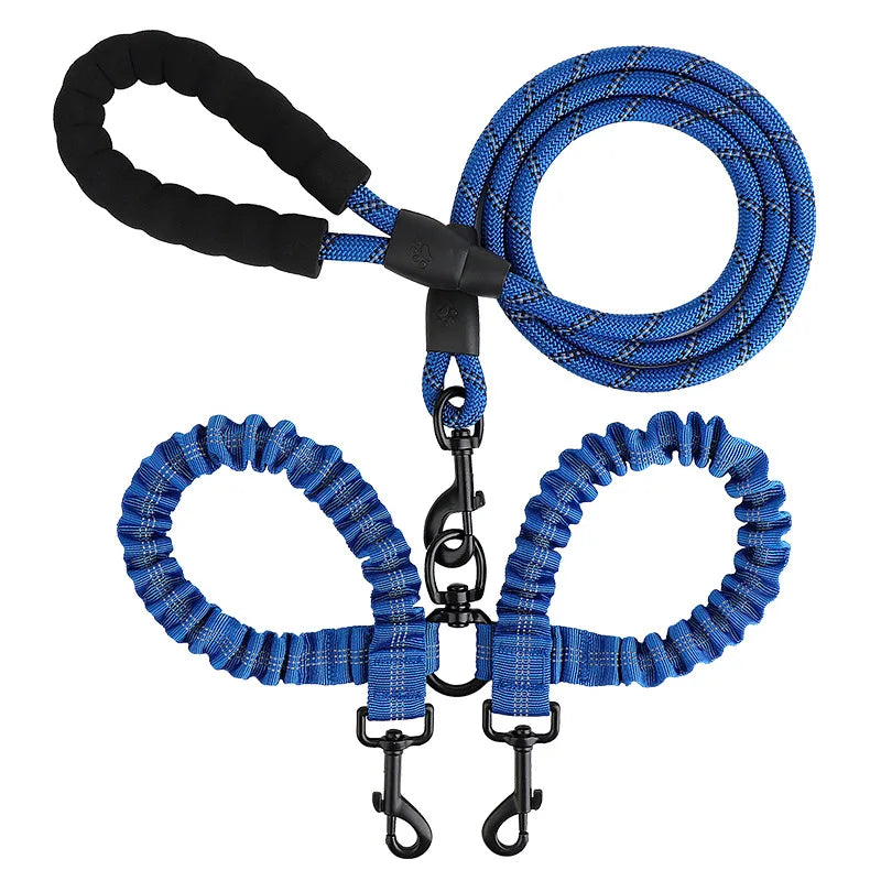 laisse double corde reflechissante elastique nylon poignee mousse bleu