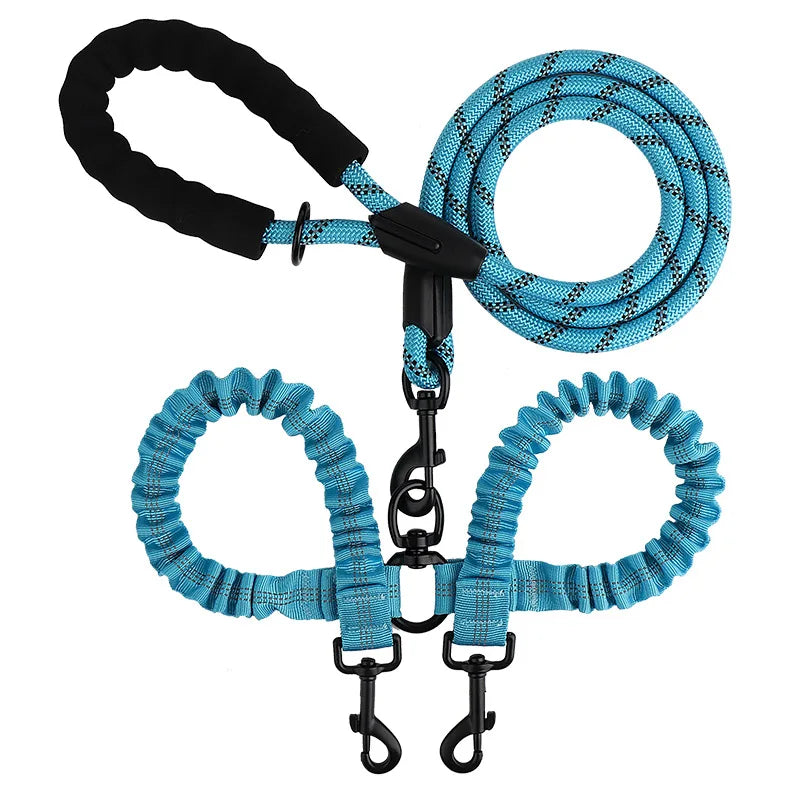 laisse double corde reflechissante elastique nylon poignee mousse bleu ciel