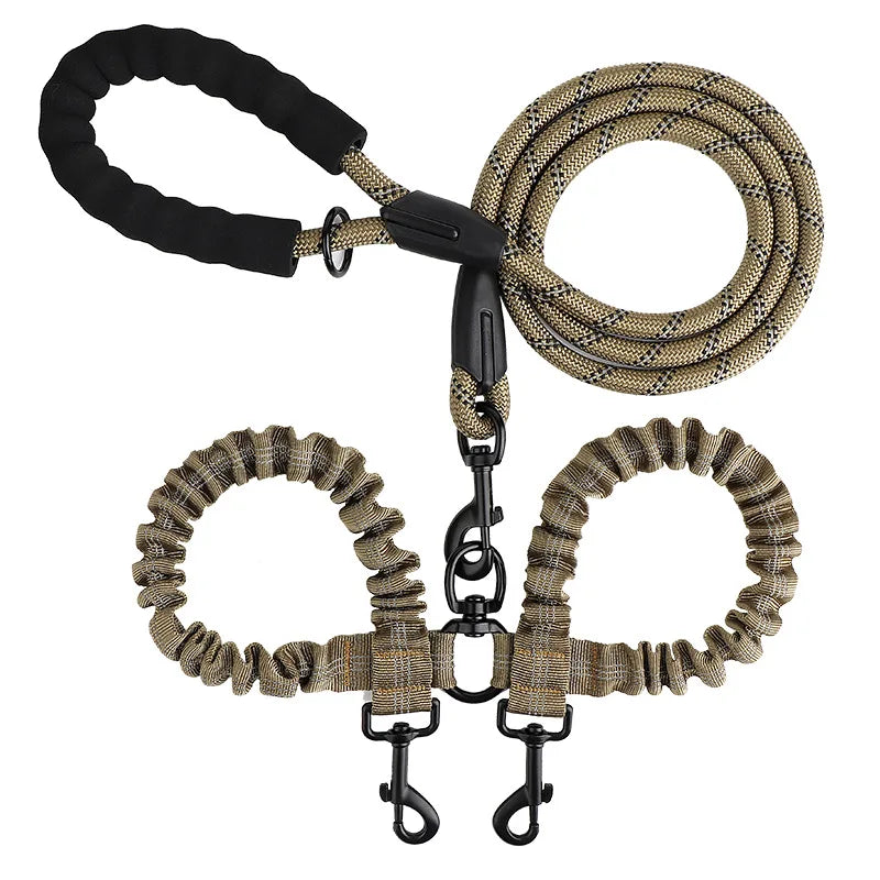 laisse double corde reflechissante elastique nylon poignee mousse marron