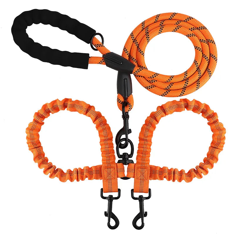 laisse double corde reflechissante elastique nylon poignee mousse orange