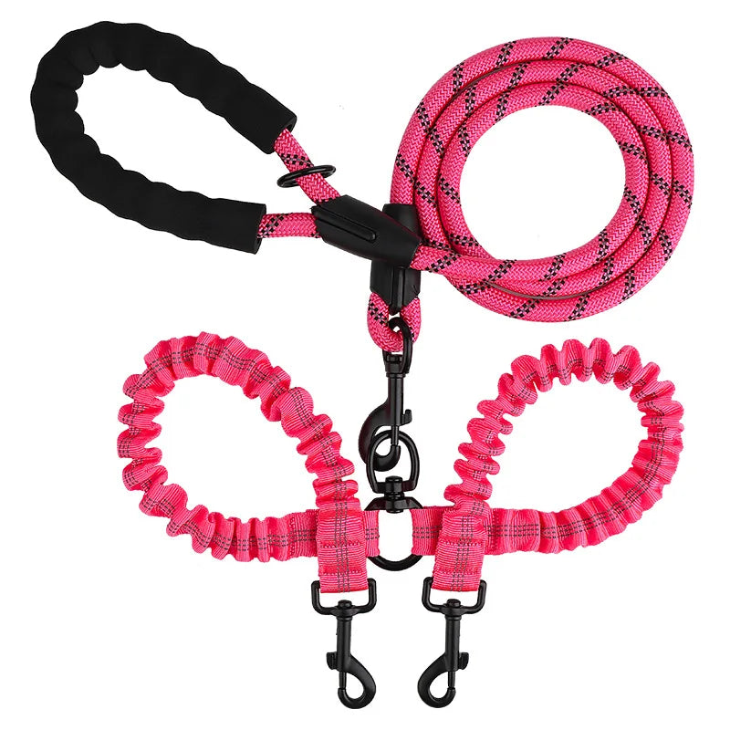 laisse double corde reflechissante elastique nylon poignee mousse rose