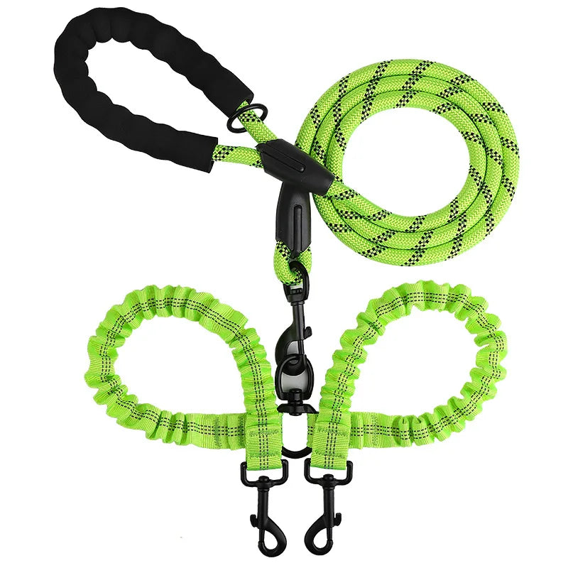 laisse double corde reflechissante elastique nylon poignee mousse vert