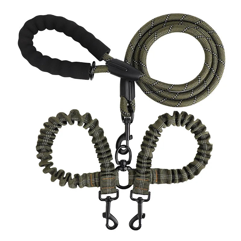 laisse double corde reflechissante elastique nylon poignee mousse vert kaki