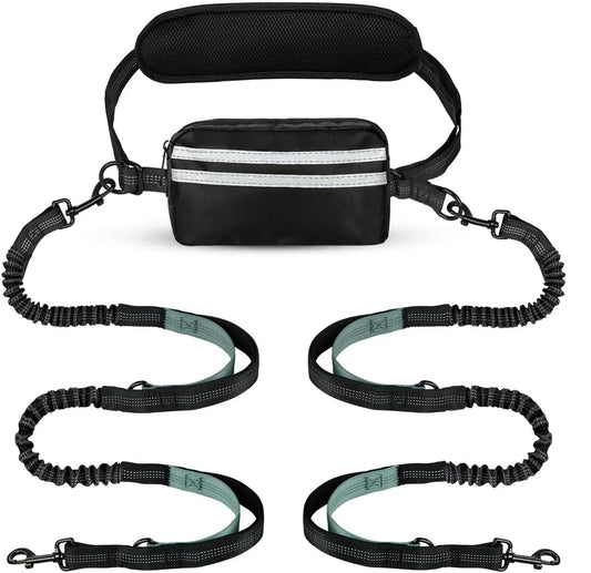 laisse double elastique avec double poignee pour courir avec pochette