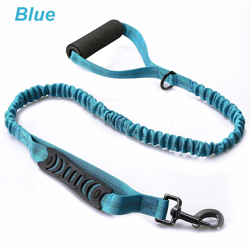 laisse double poignee mousse elastique nylon bleu