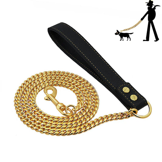 laisse en chaine avec poignee en cuir