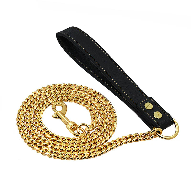 laisse en chaine avec poignee en cuir or