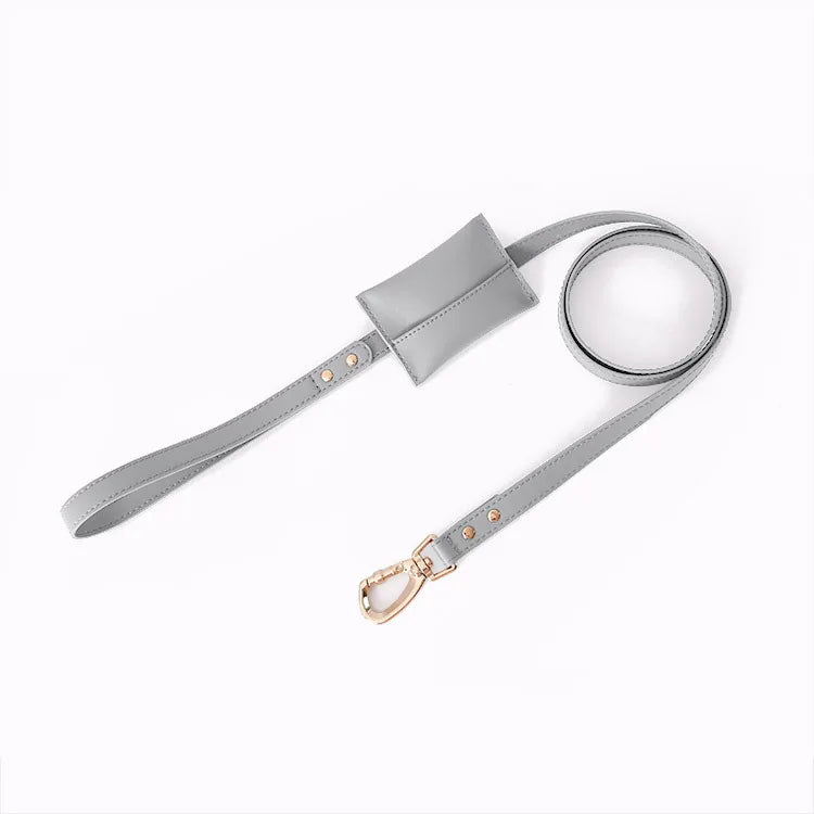 laisse en cuir avec pochette gris