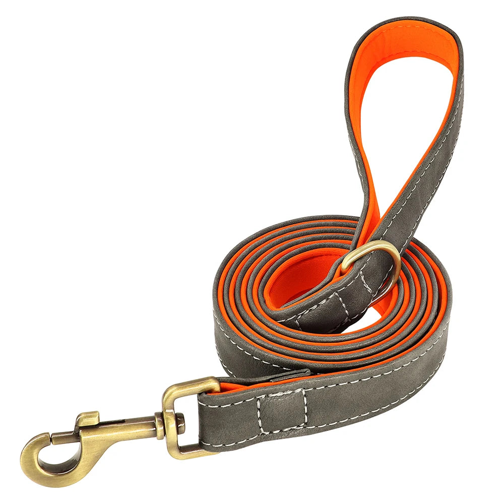 laisse en cuir elegant orange et gris