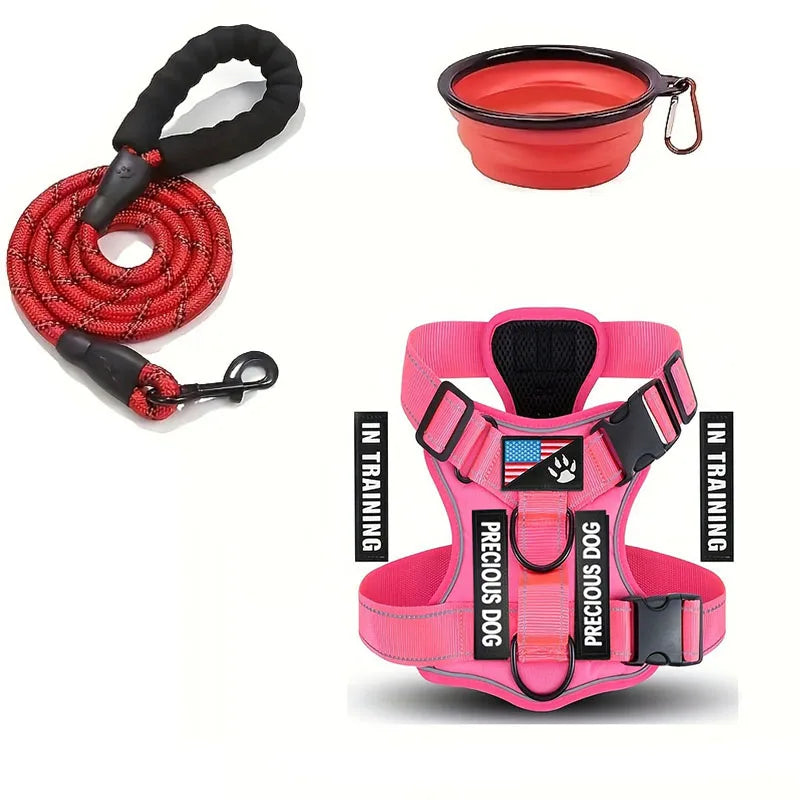 laisse et harnais avec bol rose rouge