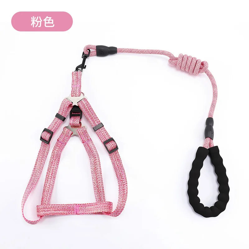 laisse et harnais corde nylon poignée en mousse rose