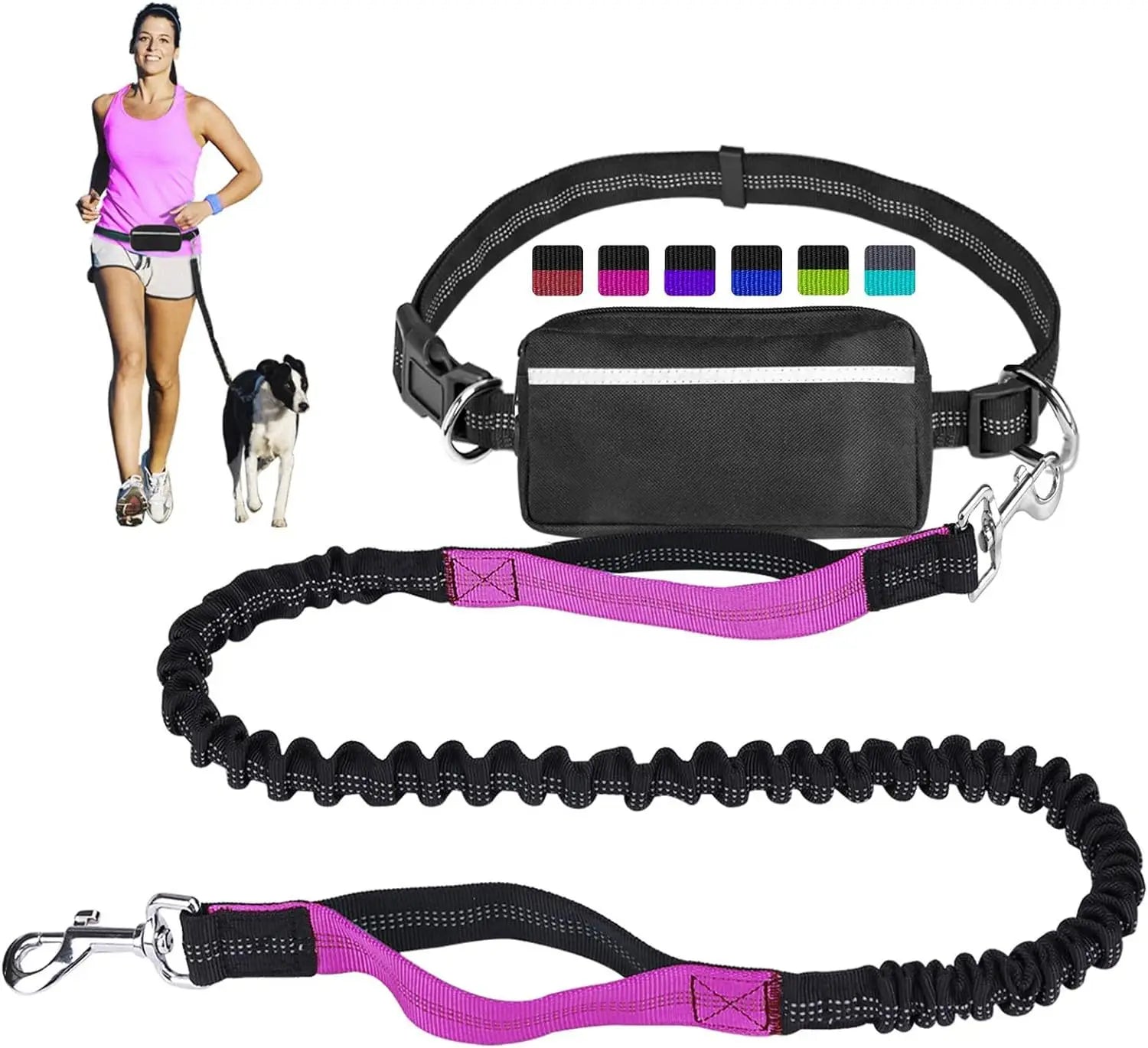 laisse mains libres pour courir double poignee avec pochette violet