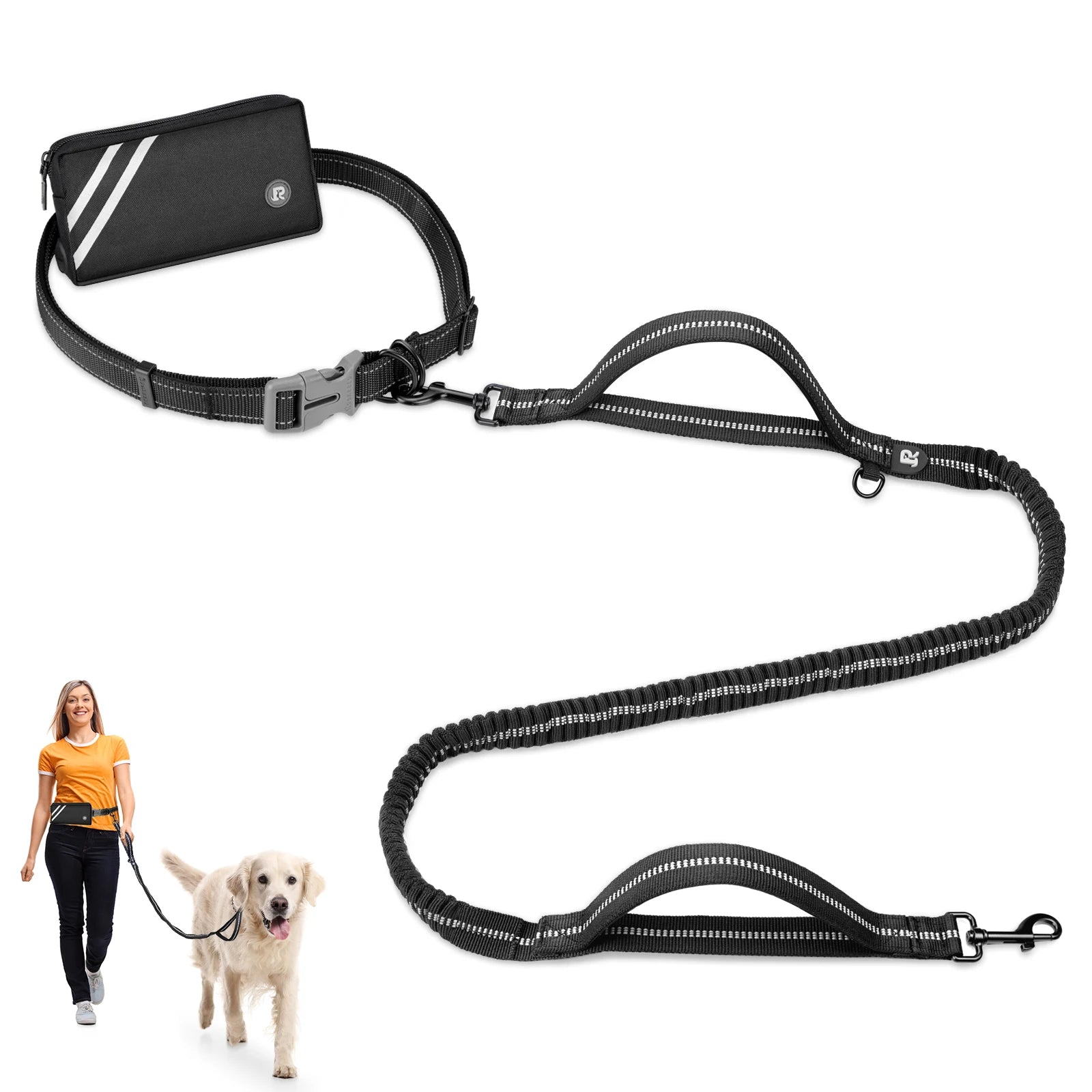 laisse mains libres réfléchissante elastique double poignee avec sac noir